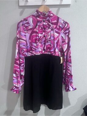 Women's Midi Dress with Pink Swirl Bodice and Black Skirt